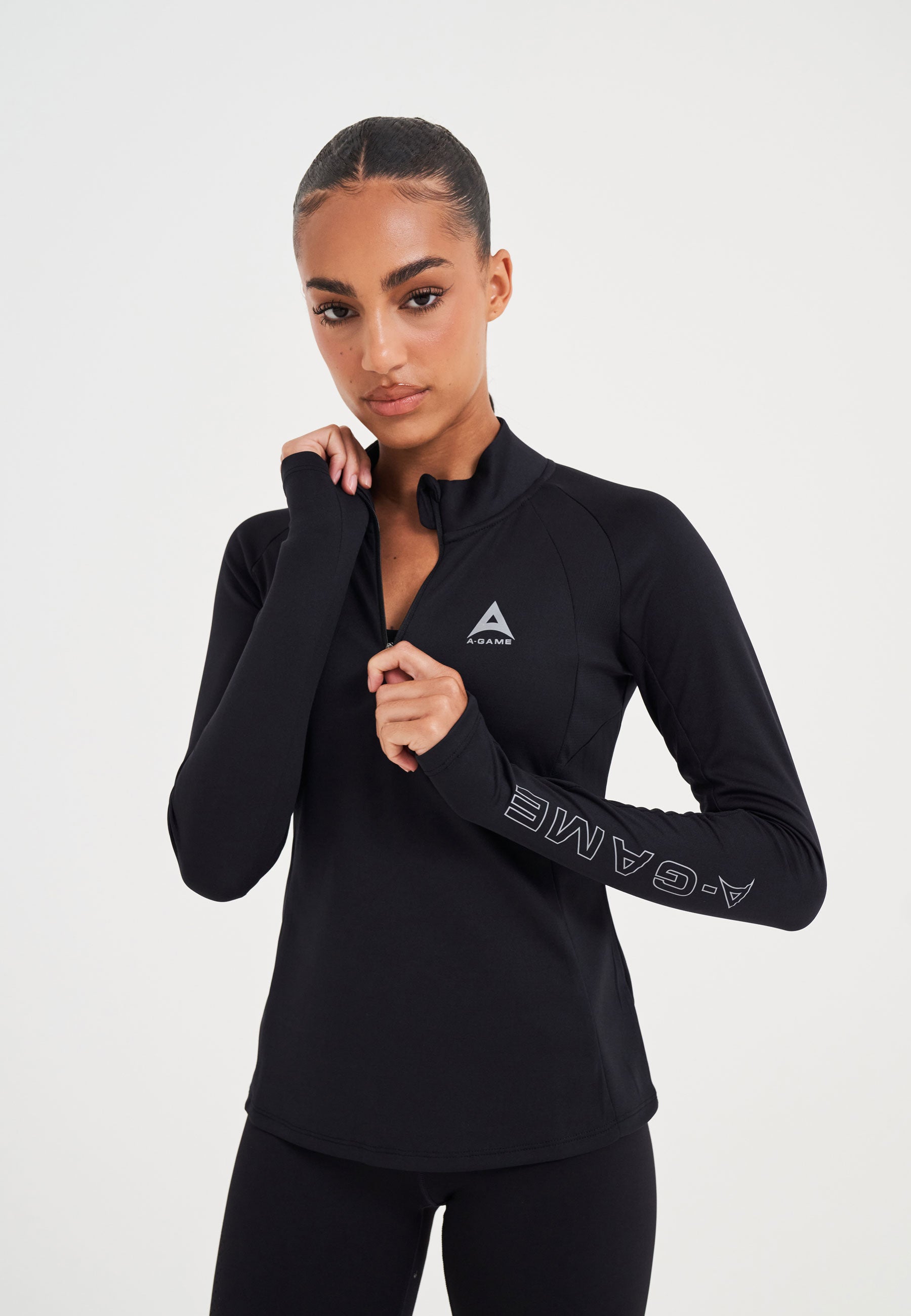 Top da allenamento aderente con zip A-Game Quarter da donna - Nero