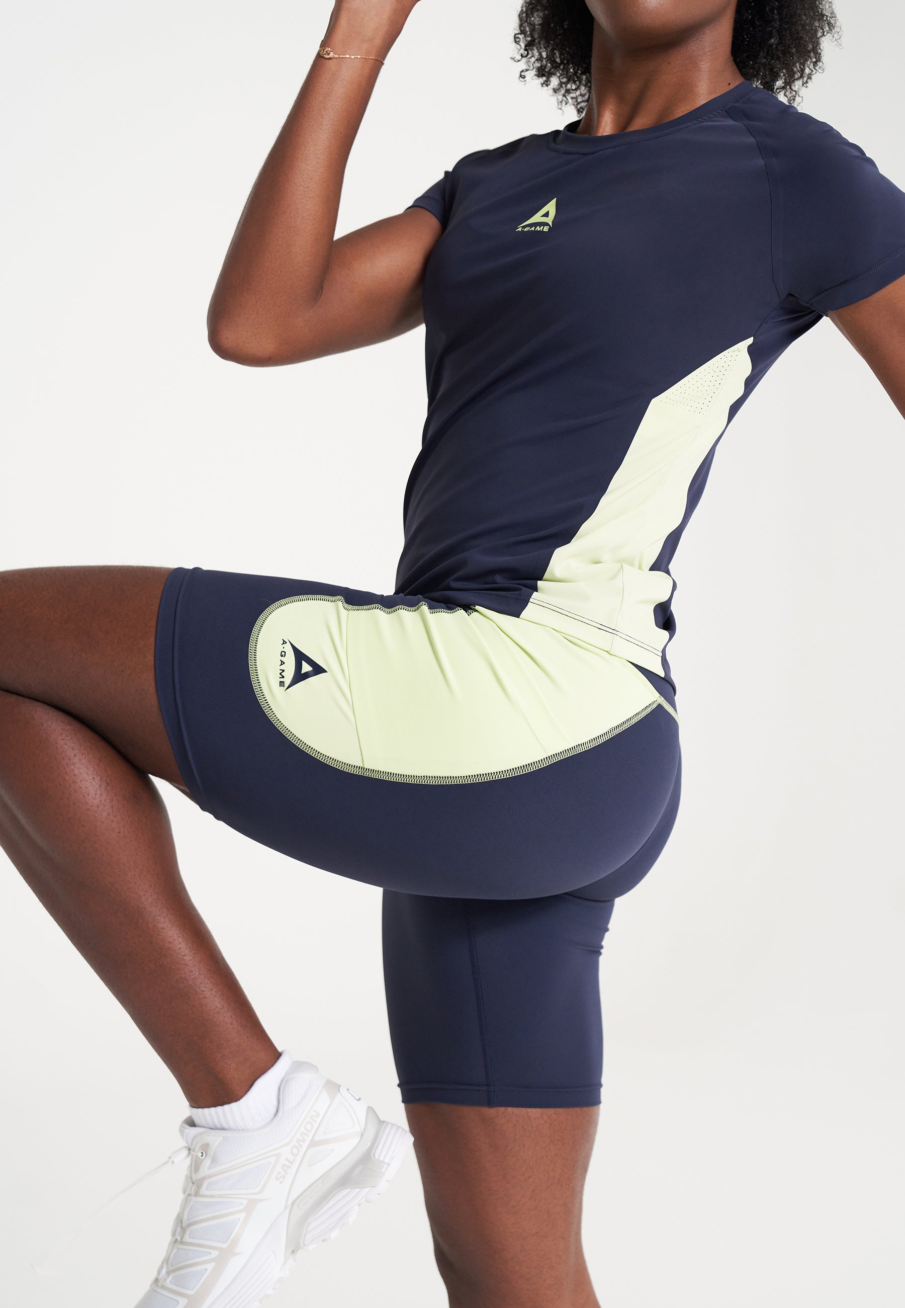 T-shirt d'entraînement à manches courtes A-Game pour femmes - Marine/Lime