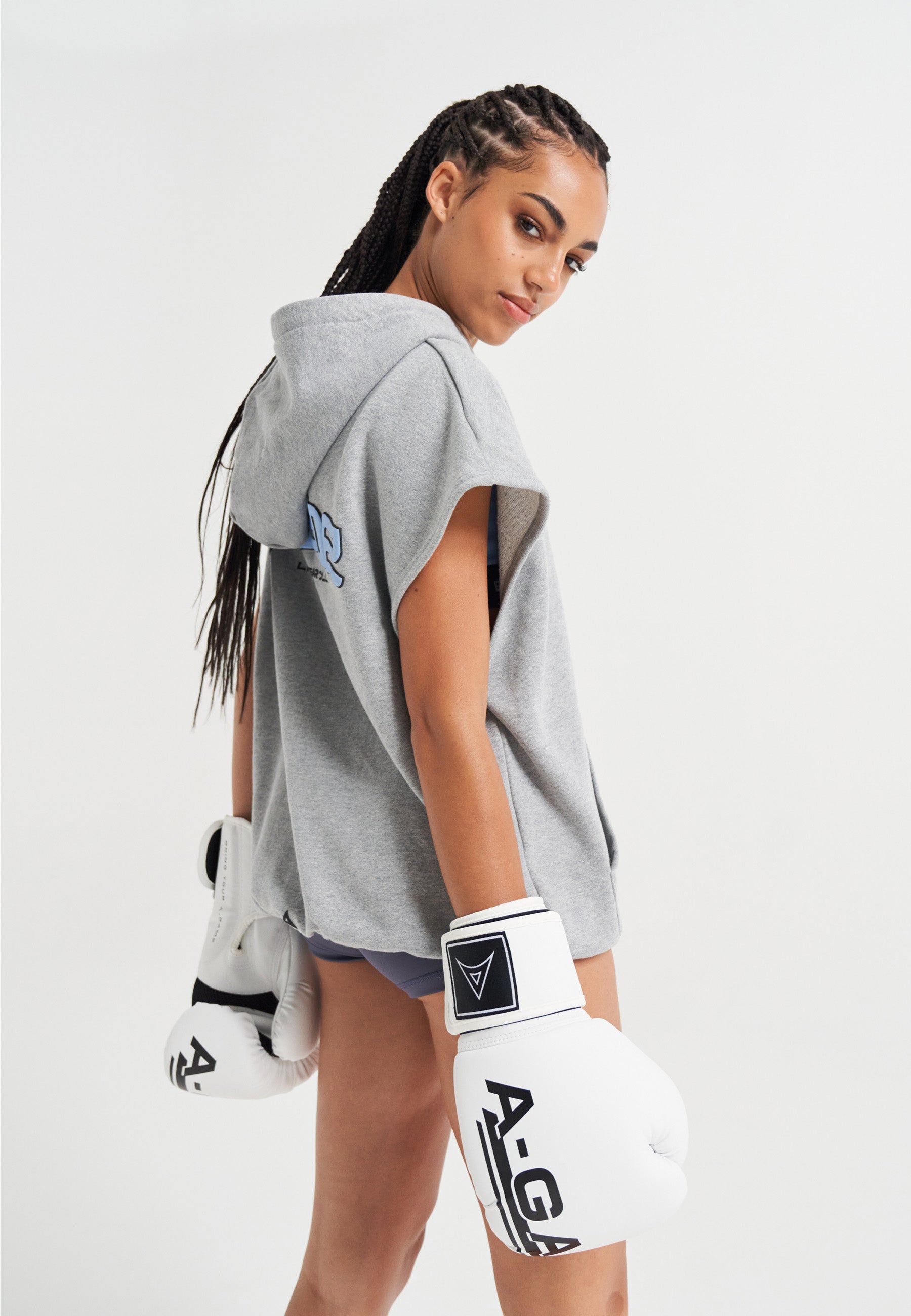 Felpa con cappuccio corta senza maniche con logo A-Game Rotate da donna - Grigio Marl