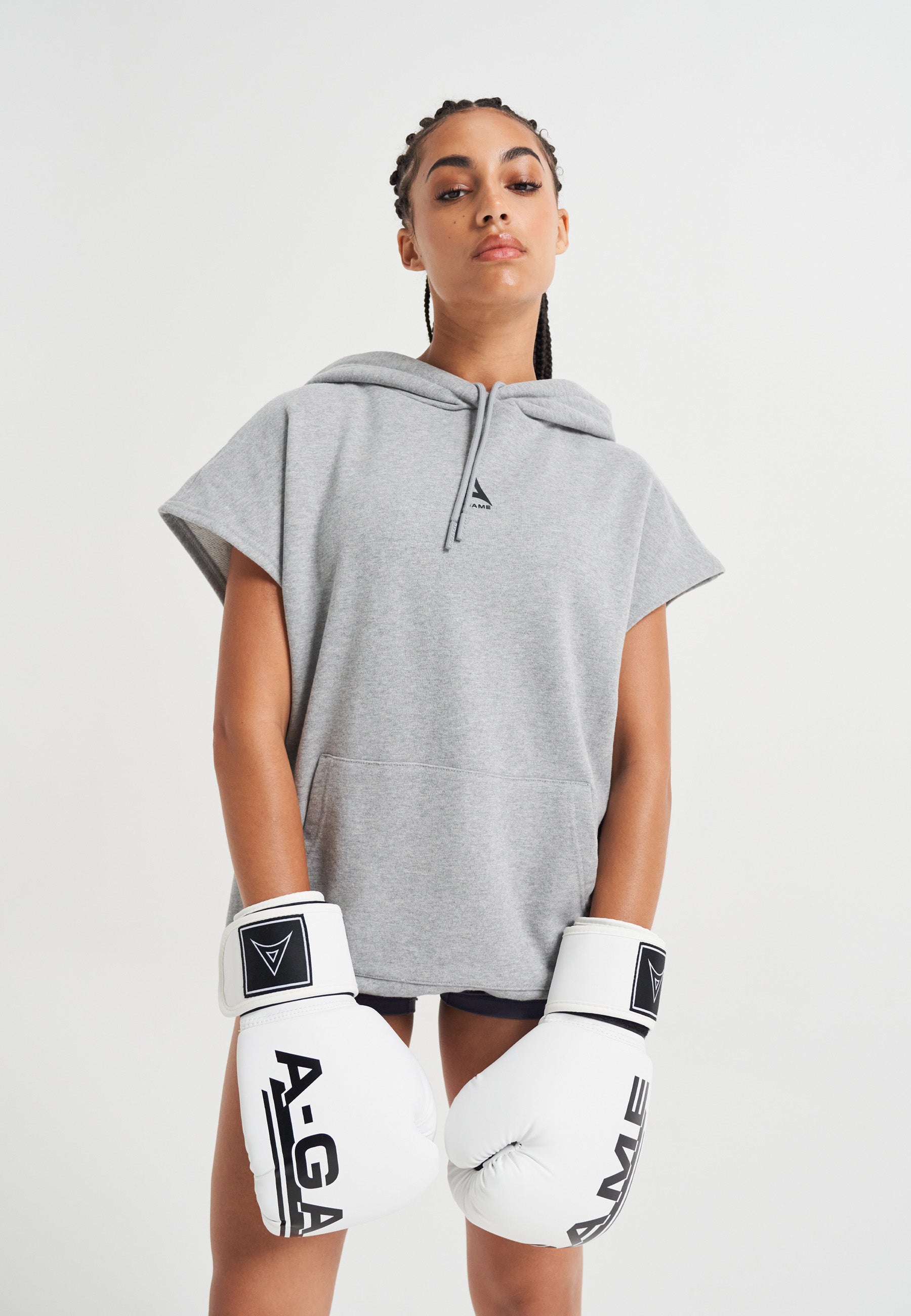 Felpa con cappuccio corta senza maniche con logo A-Game Rotate da donna - Grigio Marl